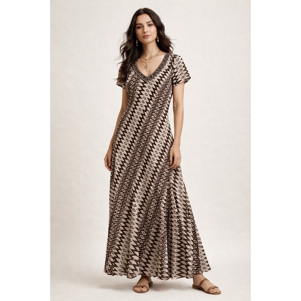 NWT‎ Boho Earthy Maxi Dress Sz M Beaded Neckline Flowy Fairy Festival Ethnic